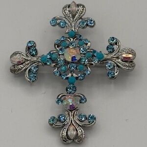 C544 Kirks Folly Turquoise Crystal Cross Pin Rhinestone Brooch Necklace/Pendant